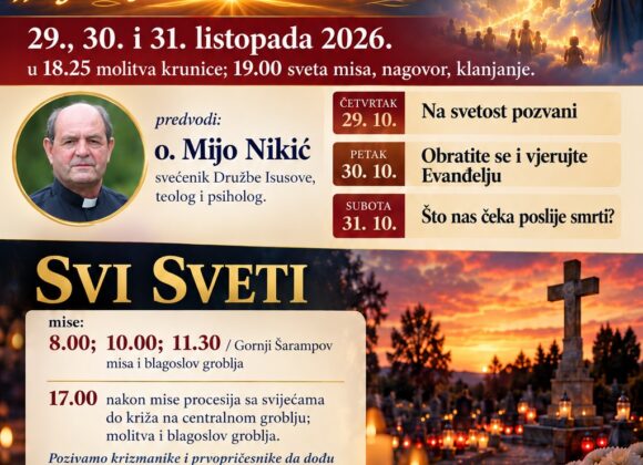 Duhovna obnova uoči Svih svetih 2026. s o. Mijom Nikićem – plakat s programom i rasporedom misa